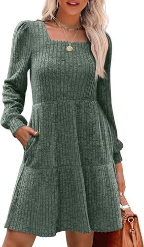 TrendiMax Damen Langarm Pullover Kleid Herbst Winter Freizeitkleid Knielang Strickkleid Casual Bequem Herbstkleid mit Taschen