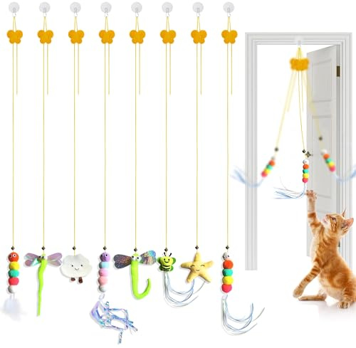 JNYUTEEN 8 Pièces Jouet Suspendu pour Chat, Jouet Interactif d'Autonomie avec Cadre de Porte Clochette et Plumes, Jouet pour Chat pour Jeu et Dressage