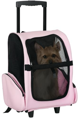 PawHut Sac de Transport à roulettes pour Chien 2 en 1 Trolley Chariot Sac à Dos pour Chien Chat avec poignée téléscopique, Sacs de Rangement, aérations, Attache de sécurité, 42 x 25 x 55 cm, Rose