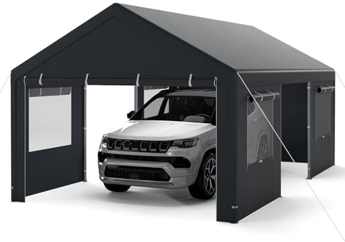 COSTWAY Garaje Exterior para Coche, Cobertizo Exterior para Coche con Ventanas Enrollables, Paredes Laterales y Puertas Desmontables, Lona de PE Resistente al Agua (600 x 363 x 295 cm,Gris)