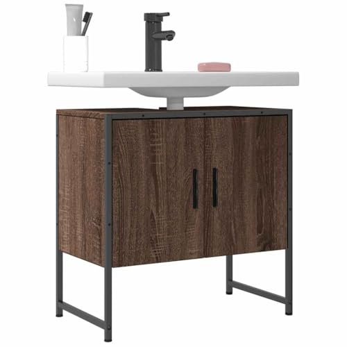 Meuble sous lavabo marron aspect chêne 60 x 33 x 60 cm en bois et acier revêtu par pulvérisation avec beaucoup d'espace de rangement, peu encombrant et stable pour salle de bain, WC d'invités, plateau