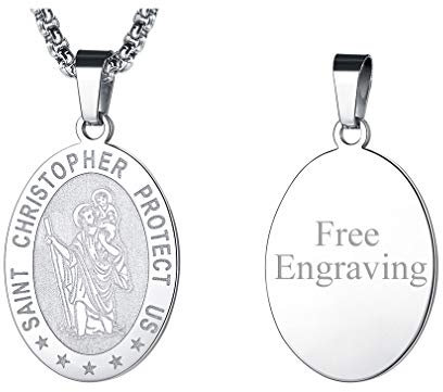 FaithHeart Heiliger Christophorus Anhänger, Edelstahl St Christophorus Halskette, Ovaler Anhänger mit Gravur, Amulett mit Geschenkebox für Geburtstag Valentinstag Weihnachten
