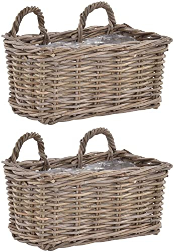 Set / 2 Rattan Balkonkorb Grau Pflanzkorb mit Folie Balkonkasten zum Aufhängen Pflanz-Topf Wand Korb Balkon (40cm)