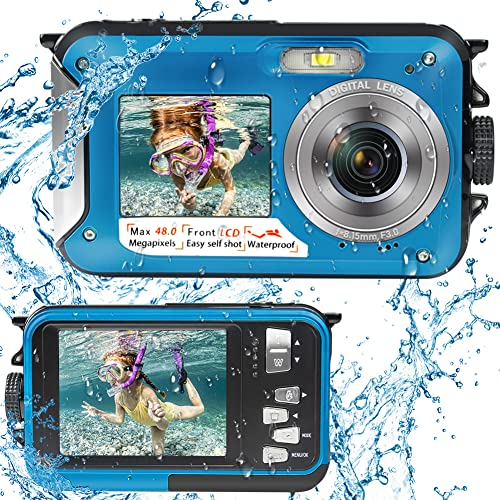 Caméra étanche Full HD 2,7 K 48 MP Caméra sous-Marine pour plongée avec Tuba Double écran Appareil Photo numérique étanche avec retardateur et Zoom numérique 16X Bleu