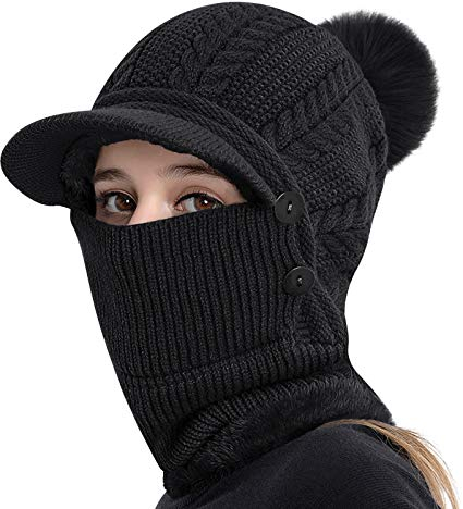 JINTN Wintermütze Schal Mundschutz Set 3 in 1 Strickmütze mit Krempe Winter Warme Beanie Mütze mit Bommel Fleecefutter Mütze Schlauchschal Outdoor Ski Snowboard Warme Winterschal für Erwachsene