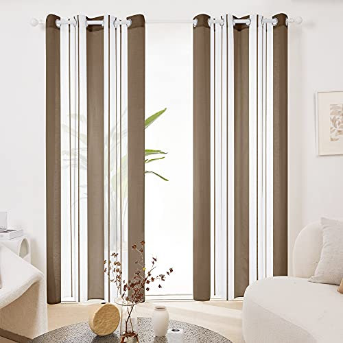 Deconovo Transparente Gardinen Wohnzimmer mit Ösen, Voile Ösenschals Boho Fensterschal Durchsichtig Nadelstreifen, 229x140 cm(HöhexBreite), Kaffe, 2er Set