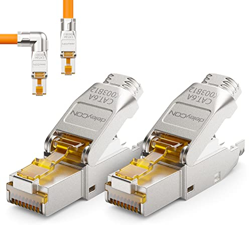 deleyCON 2x CAT 6a Netzwerkstecker 90° Winkel Stecker RJ45 Werkzeuglos Geschirmt 10 Gbit/s Netzwerk Stecker für Starre Verlegekabel Rohkabel Steckverbinder RJ45 Ethernet LAN DSL Patchkabel