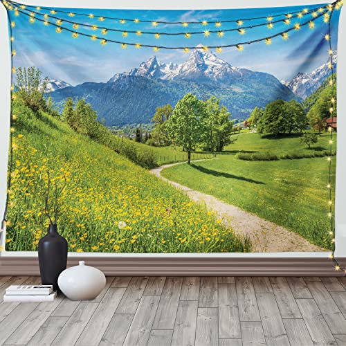 ABAKUHAUS Berg Wandteppich und Tagesdecke, Frühlingslandschaft in den Alpen, aus Weiches Mikrofaser Stoff Wand Dekoration Für Schlafzimmer, 230 x 140 cm, Lindgrün