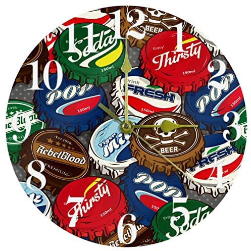 Timmershabi Juice Bottle Caps Wall Clock, 10 Inch Silent Non Ticking Quartz Battery Operated Round Wall Clocks for Home/Kitchen/Office/School Clock