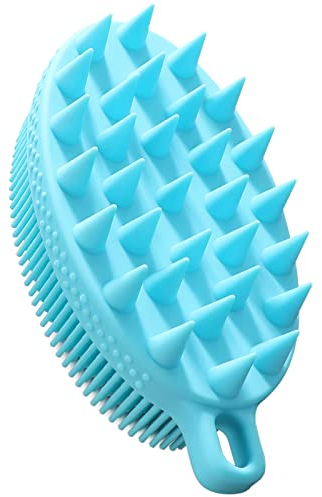 FRRETECH 2-seitige Silikon-Körperbürste zur Haut und Haarreinigung, 2-in-1-Badedusche Körperwäscher und Shampoo Bürste, Kopfmassagegerät, Peeling, Schäumt Gut, Einfach zu Reinigen, Langlebig, Hellblau