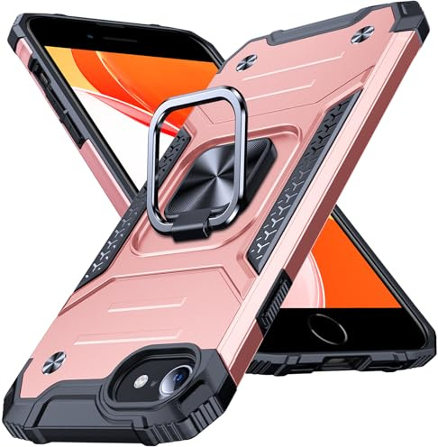 Anqrp for iPhone SE 2022 Case with Rotatable Metal Ring Kickstand [Military-Grade Drop Protection] Support for Magnetic Car Mount Shockproof Protective Phone Cover for iPhone 6/7/8/SE, Rose Gold