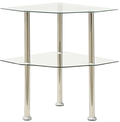 INLIFE Table d'angle Verre Trempé 2 ÉTAGES, Table d'Appoint Transparente Moderne pour Coin de Salon et Chambre (38x38x50 cm) - Acier Inoxydable