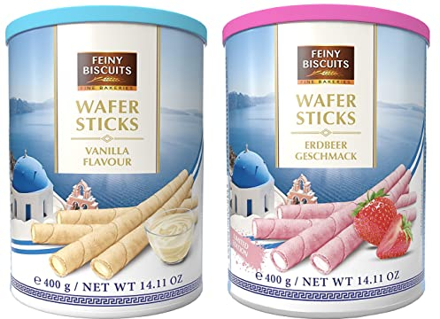 2 Pack Wafer Rolls Selection (400g x 2) - Strawberry flavoured cream Wafer Rolls 400g + Vanilla flavoured cream Wafer Rolls 400g