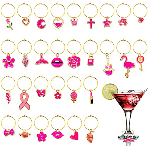 Niuhong 30 Pcs Charms Anneaux Marqueurs Distinguer Champagne Pendentif Verre à Vin Couleur Marquage Au Marqueur Verre Marqueurs Cocktails Verre Coloré Marqueur Boisson (rose rouge)