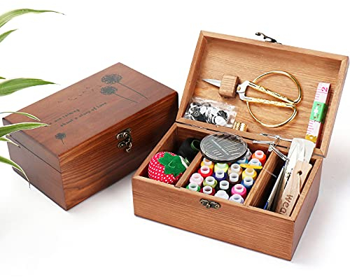 Joyeee Caja de Costura de Madera - Cesta de Costura Vintage con Accesorios de Costura Completo para Inicio Viaje Uso de Emergencia, Kit de Costurero Premium para Mamá Grandma Girl hogar Regalo#4