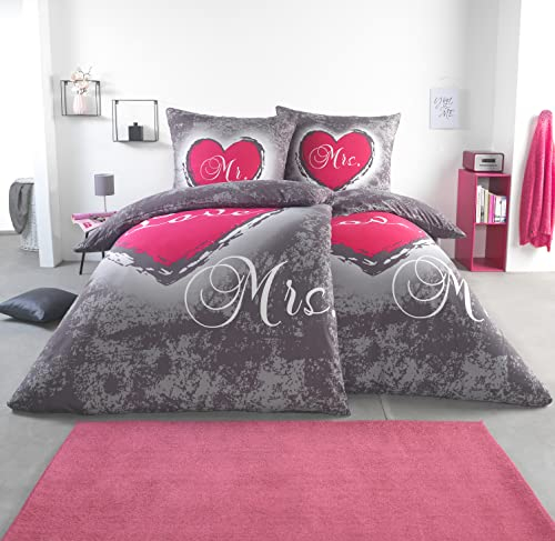 BaSaTex Microfaser Partner Bettwäsche mit Wendemotiv | 2X 135x200 Bettbezug + 2X 80x80 Kissenbezug | Mikrofaser Bettwäsche Set 4 teilig für Paare | Design: Heart Love