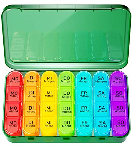Doruimi Tablettenbox 7 Tage Morgens Mittags Abends, Klein Pillendose Große Fächer, Medikamentenbox 7 Tage 4 fächer mit Einfachem Offenem Design FüR Kinder äLtere und Arthritische HäNde - Olive