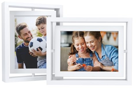 EXYGLO 2er-Set 360°Drehbare Bilderrahmen 13x18 cm mit Doppelglas, Weiß Fotorahmen Holz Rahmen für Vertikale oder Horizontale Anzeige auf dem Tisch