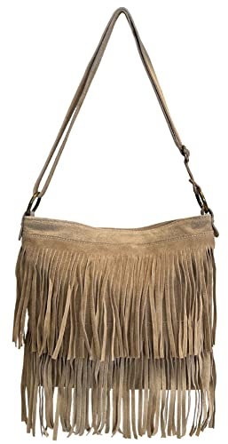 Modarno Umhängetasche mit Fransen aus Wildleder – Umhängetasche für Damen aus Wildleder, Helles Taupe