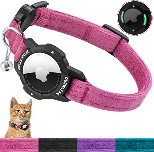 OUCWLTAG Leuchtendes AirTag-Katzenhalsband mit Sicherheitsverschluss, GPS-Katzenhalsband mit Apple-Air Tag-Halterung, mit Sicherheitsgummiband, für Katzen, Kätzchen und Welpen, Rosa, 22,9 bis 33 cm