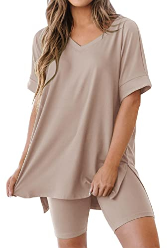 REORIA Damen T-Shirt Radlerhose Kombi-Sets V-Ausschnitt Kurzarm Lounge Wear Sets y2k Trainingsanzug Komplettset Gym Sets Aprikose L