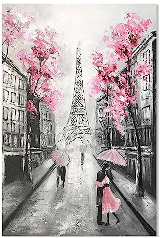 YPY Abstraktes Paris Leinwand-Wandkunst: Schwarz-Weißer Eiffelturm, handbemaltes Ölgemälde, rosa und grauer Bilddruck, Raumdekoration für Teenager, Mädchen, Schlafzimmer, Badezimmer, 61 x 91,4 cm