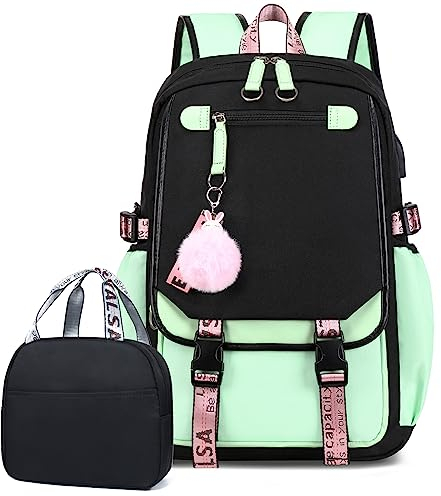 Bevalsa Schulrucksack Mädchen Teenager Schulranzen mit Lunchtasche Schultaschen-Set, Freizeitrucksack Groß 210 Wasserdicht School Bag Backpack Casual Daypacks für Kinder Grundschüler Schüler (Grüner)