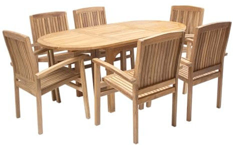 Endorphin Gartenmöbel Set Holz - 7-teilig - unbehandeltes Teakholz - 1 Tisch + 6 Stühle - Gartentisch Ausziehbar Wetterfest für Außen - Gartengarnitur Set mit Ausziehtisch