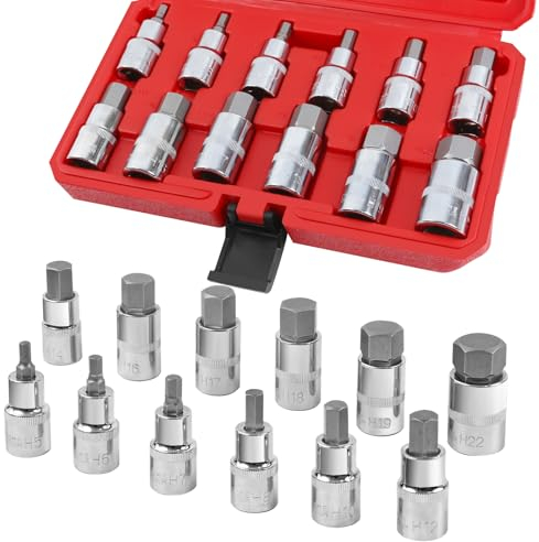 fifibang 12Pcs jeu de douilles Allen 1/2, Douilles à choc hexagonales, Set de Douilles mâles à 6 pans en Acier 5, 6, 7, 8, 10, 12, 14, 16, 17, 18, 19, 22 mm, Adaptateur de Douille Interne Hexagonale