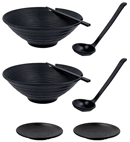 Xaztr 2 Set Large Noodle Ramen Bowl, Black Melamine Bowls Asian Soup Bowl Unbreakable Japanese Style Ramen Bowl with Chopsticks, Soup Spoons & Saucers for Noodles Udon(1100ml)