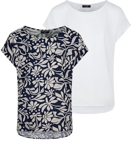 DENIMFY Bluse Damen DFJule Regular Fit 2er Pack Set Rundhals T-Shirt Top Kurzarm Sommer Oberteil, Größe:L, Farben:Farbmix 5