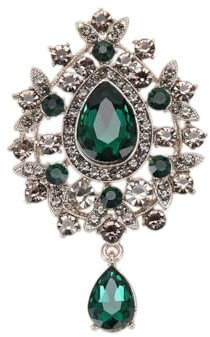 Broche vintage en forme de goutte d'eau avec strass vert émeraude et fleurs délicates en cristal étincelant - Broche pendante classique et magnifique - Bijoux quotidiens, Métal, Zircon cubique