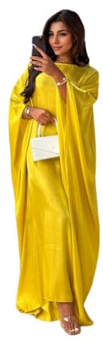 RUIG Women Satin Abaya Dress Islam Muslim Summer Batwing Sleeve Maxi Dress Kaftan Robe Ramadan Clothes Yellow