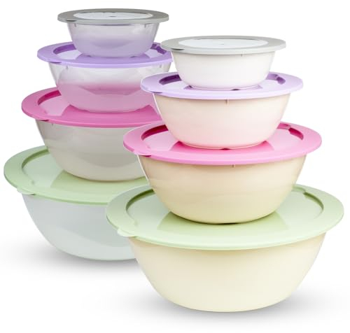 PROFUN Lot de 8 saladiers avec couvercle - Grand bol mélangeur en plastique - Boîtes de conservation empilables