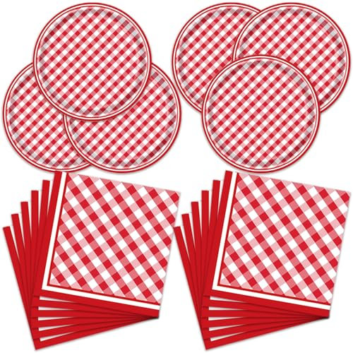 Lot de 40 fournitures de fête d'anniversaire vichy rouge et blanc comprenant 20 assiettes, 20 serviettes pour la décoration de fête vichy rouge et blanc