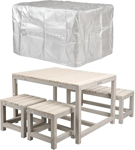 WONDERMAKE® Design Kindersitzgruppe Outdoor Garten Holz mit Abdeckung, Kinder-Sitzgarnitur Indoor Picknick-Gruppe ab 3 Jahre, beige grau