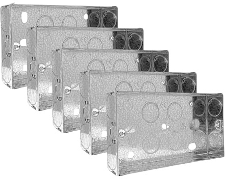 Evoges Double Metal Back Box, 25mm, 2 Gang, 1.0mm Thickness for Electrical Sockets Switches, BS4662 Standard, 20mm Knockouts, Adjustable Lug, Brass Terminal (Pack of 5)