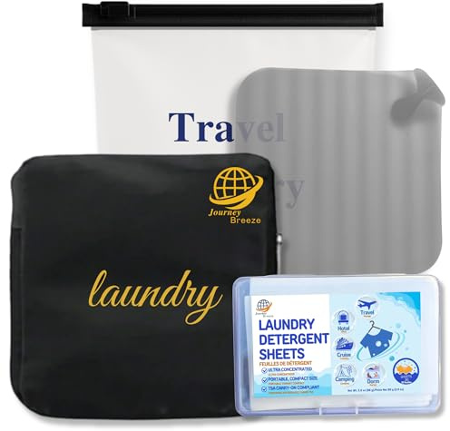 Travel Laundry Detergent Sheets 30 Pack – Hand Wash or Machine Wash Travel Detergent with Universal Sink Stopper and Foldable Laundry Bag Best for Cruise, Hotel, Camping & On-the-Go Washing