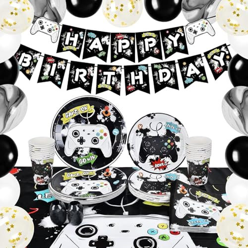 WERNNSAI Video Game Party Supplies - Gaming Birthday Party Decorations Birthday Banner Tablecloth Tableware Balloons Serves 16 Guests