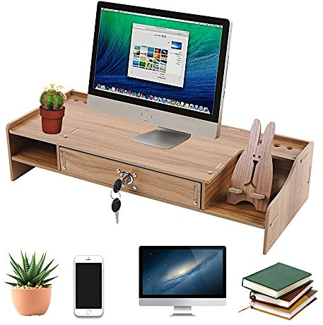 JDBDU Soporte para monitor con cajón, soporte de escritorio de madera, elevador de escritorio, organizador de almacenamiento, 48 x 20 x 10,5 cm