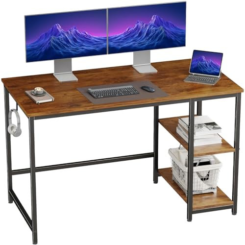 ULTRICS Computer Desk with Built-in Power Outlet, 100x50cm Industrial Desk with 2 Storage Shelves, Classic Rustic Desk with Adjustable Shelves and Hook, Sturdy Work Table for Home Office Study