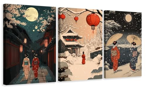 CCWACPP Japanisches Leinwandposter Geisha Bilder asiatische 3 teilige Wanddekoration Japan Frauen Drucke japanisches Thema Raumdekoration mit Rahmen (30x40cmx3)