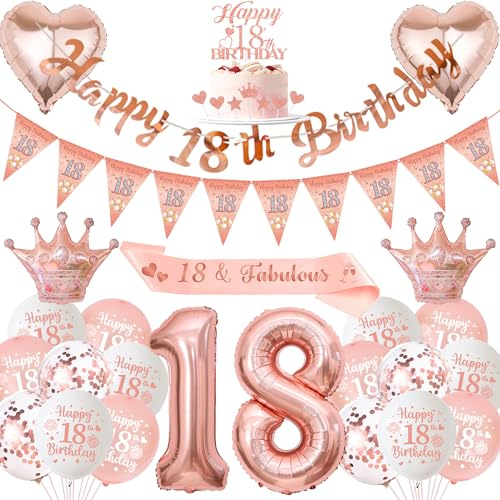 Xietaea Deko 18. Geburtstag Mädchen Rosegold - 18. Geburtstagsdeko Luftballons Happy Birthday Girlande Tortendeko, XXL Zahlenballon und Schärpe für 18 Jahre Geburtstagsparty