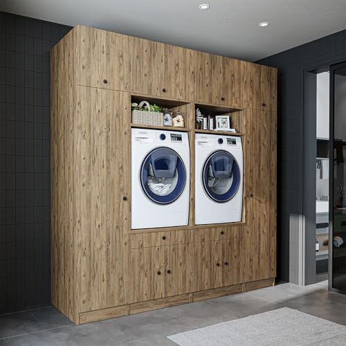 ROOMART Schrankwand für Waschküche & Hauswirtschaftsraum – 224 cm – Hochschrank mit Ausziehbrett – Waschmaschinenumbauschrank & Stauraumregal (Eiche, V1 : 224 x 230 x 67 cm (B x H x T))