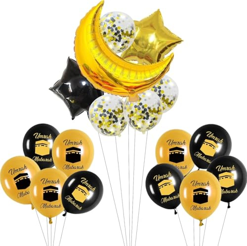 Umrah Mubarak Ballon-Set Gold Schwarz Islamische Partyzubehör Ramadan Dekorationen Mond Stern Folienballon für Ramadan Muslim Eid Umrah Mubarak Abschlussdekorationen Hajj Segen Zeremonie