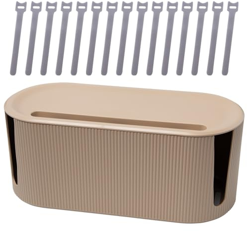 Sxutop Kabelbox Kunststoff Steckdosenbox mit Deckel Kabelmanagement Box Groß 30 x 13 x 12.5 cm Schreibtisch Organizer Kabel Verstecken mit Kabel Klettband Cable Management Box für Zuhause Büro (Braun)