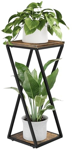 Bamworld Blumenständer Metall mit Holz Ablagen, 2 Ebenen Pflanzenständer im Industrie-Design, Blumenhocker für Wohnzimmer Balkon Garten Dekoration