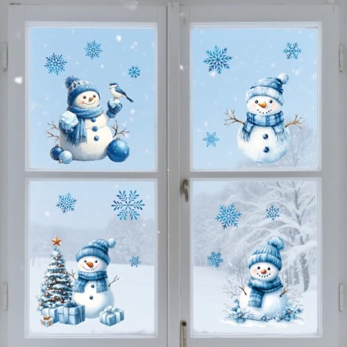 Peacoblue Fensteraufkleber 120x30cm,Blauer Schneemann Fensterbilder Deko | Doppelseitiger statischer Fenstersticker selbstklebend,Wasserfest und abnehmbar für Klassenzimmer,Glasfenster Dekoration