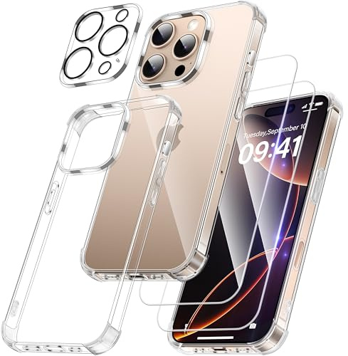 FLLAO 4 in 1 für iPhone 16 Pro Max Hülle, Durchsichtig | 2 Schutzfolie und 1 KameraSchutz, Integriertes Luftkissen, Stoßfest Kratzfest Weich TPU Handyhülle, Transparent Schutzhülle