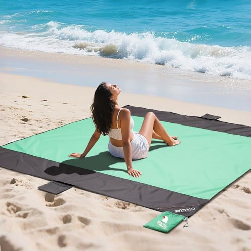 COVACURE Beach Blanket Mat, Sand Proof with 3 Zipper Pockets, 210 x 200cm | Sandproof & Waterproof Nylon, Easy Clean, Ultra Light & Portable, Fixed Nails, for Picnic/Camping, Extra Large for Family
